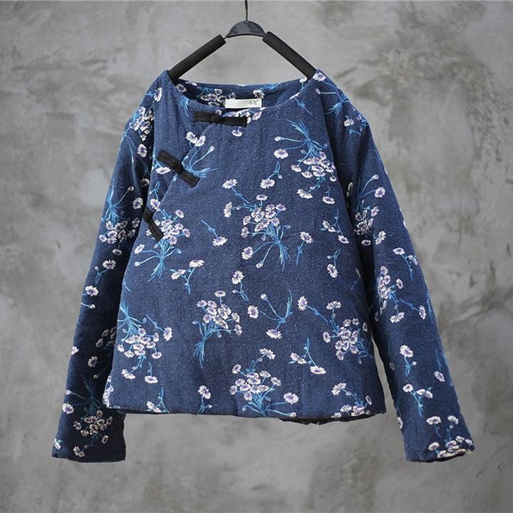 Manteau Matelassé Bleu Floral Rétro Pour Femme