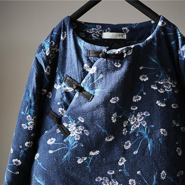 Manteau Matelassé Bleu Floral Rétro Pour Femme