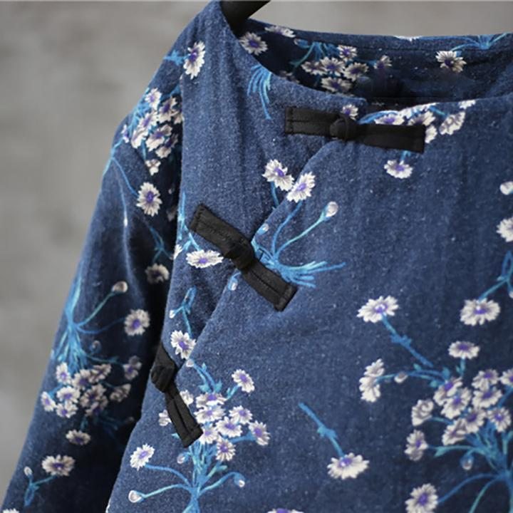 Manteau Matelassé Bleu Floral Rétro Pour Femme