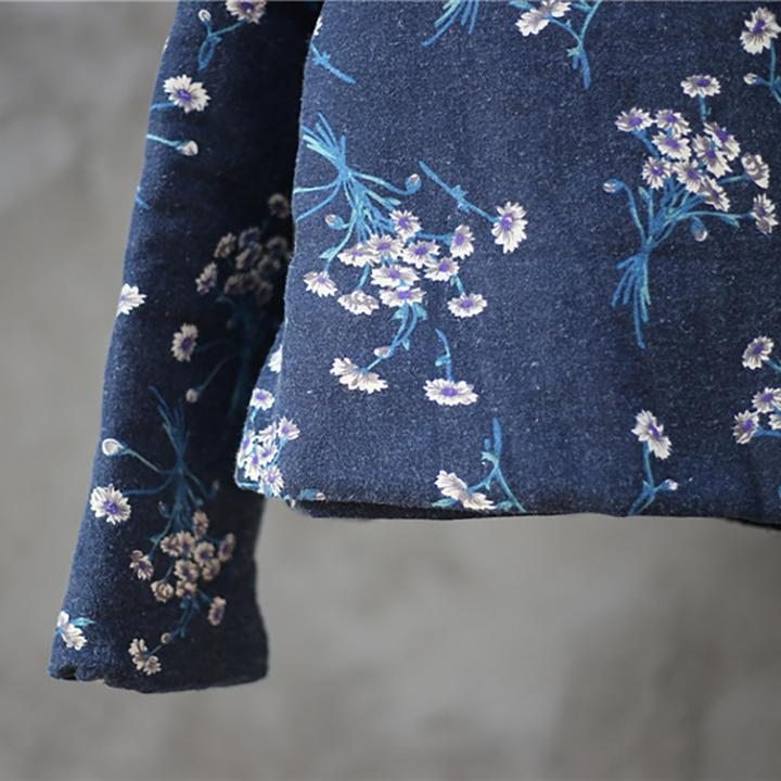 Manteau Matelassé Bleu Floral Rétro Pour Femme