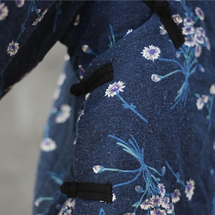 Manteau Matelassé Bleu Floral Rétro Pour Femme