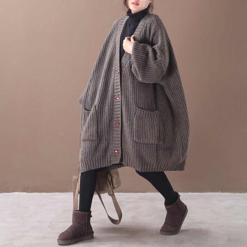 Manteau Tricoté Long Cardigan À Col En V Surdimensionné