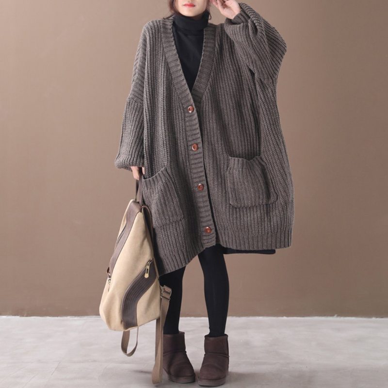 Manteau Tricoté Long Cardigan À Col En V Surdimensionné