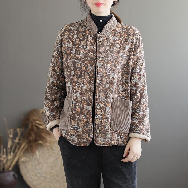 Manteau De Veste Florale À Col Montant Avec Poches