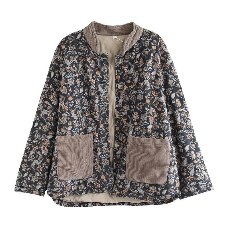 Manteau De Veste Florale À Col Montant Avec Poches