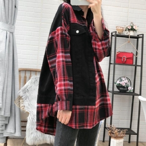 Plus Size Spring Autumn Plaid Loose Cotton Denim Coat