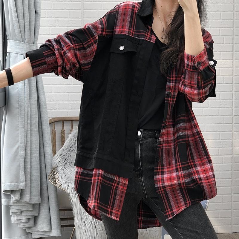 Plus Size Spring Autumn Plaid Loose Cotton Denim Coat