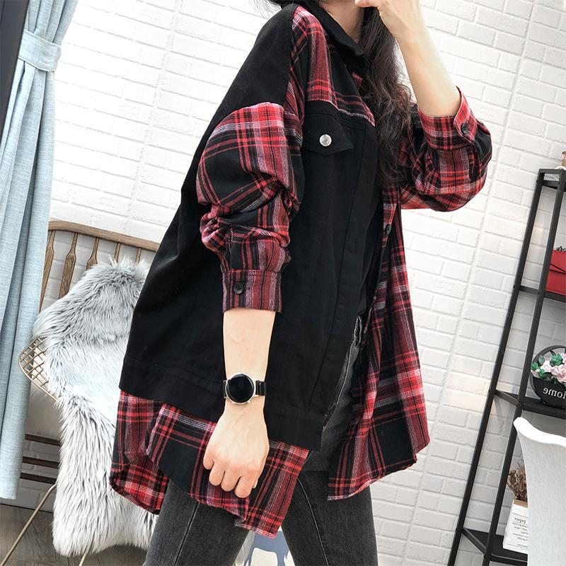 Plus Size Spring Autumn Plaid Loose Cotton Denim Coat