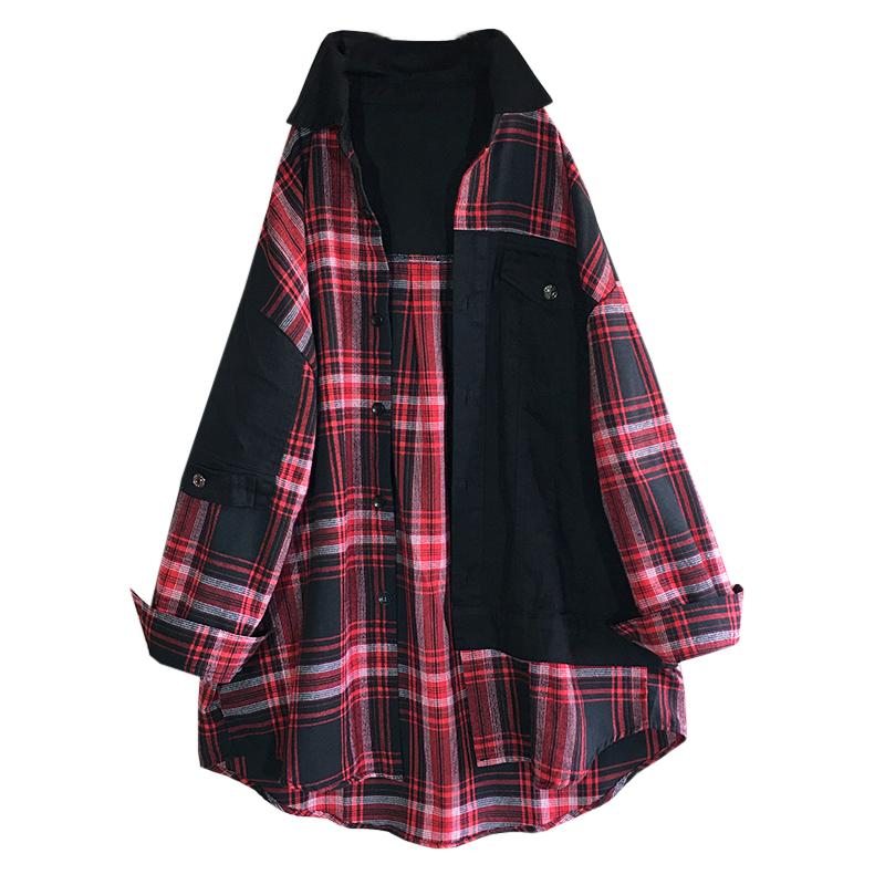 Plus Size Spring Autumn Plaid Loose Cotton Denim Coat