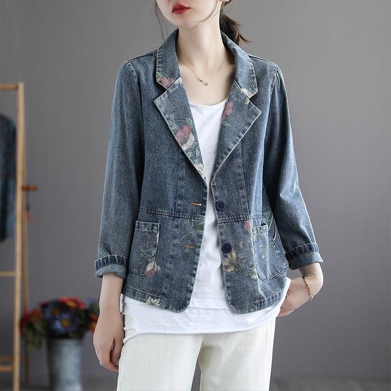 Printemps Automne Rétro Patchwork Floral Coton Denim Costume Veste