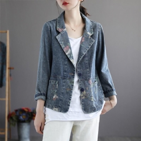 Printemps Automne Rétro Patchwork Floral Coton Denim Costume Veste