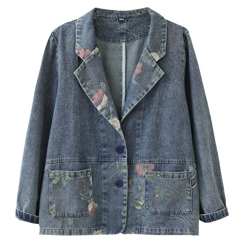 Printemps Automne Rétro Patchwork Floral Coton Denim Costume Veste