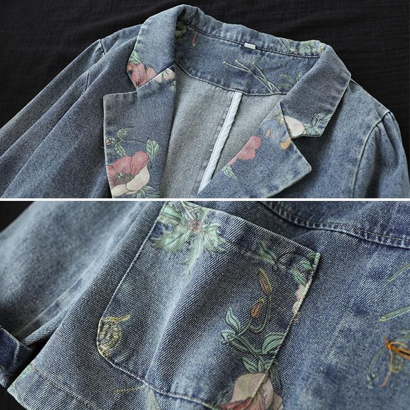 Printemps Automne Rétro Patchwork Floral Coton Denim Costume Veste