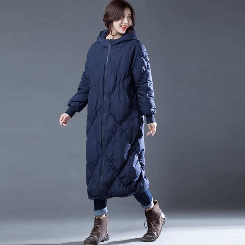 Rhombus Couture Solid Hooded Winter Down Coat