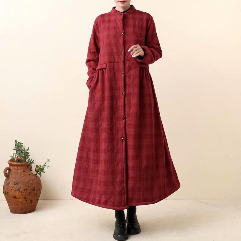 Robe Longue Manteau À Carreaux En Coton Et Lin Épais Rétro