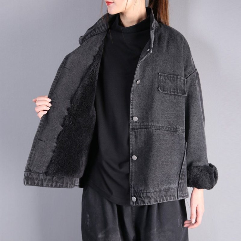 Solid Winter Loose Casual Stand Collar Jacket Plush Denim Coat