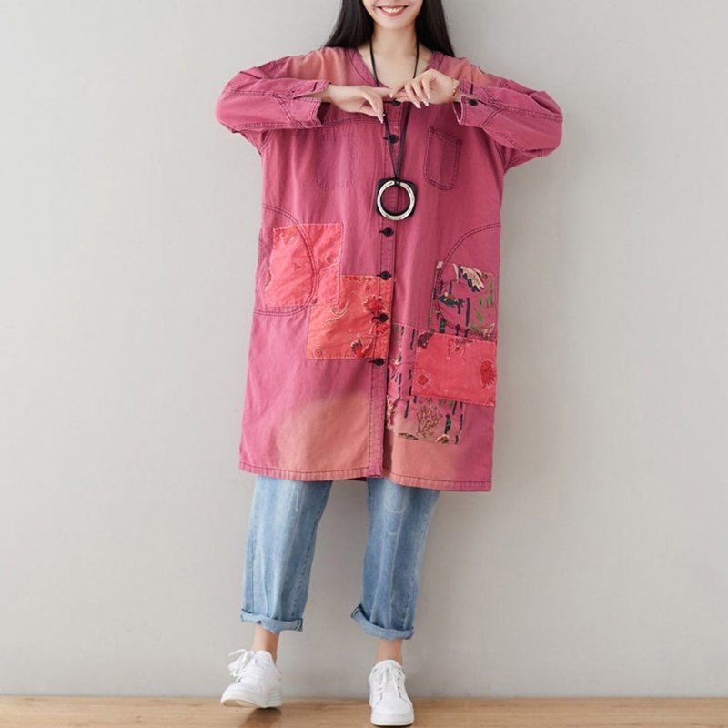 V-neck Loose Casual Patchwork Automne Mince Manteau