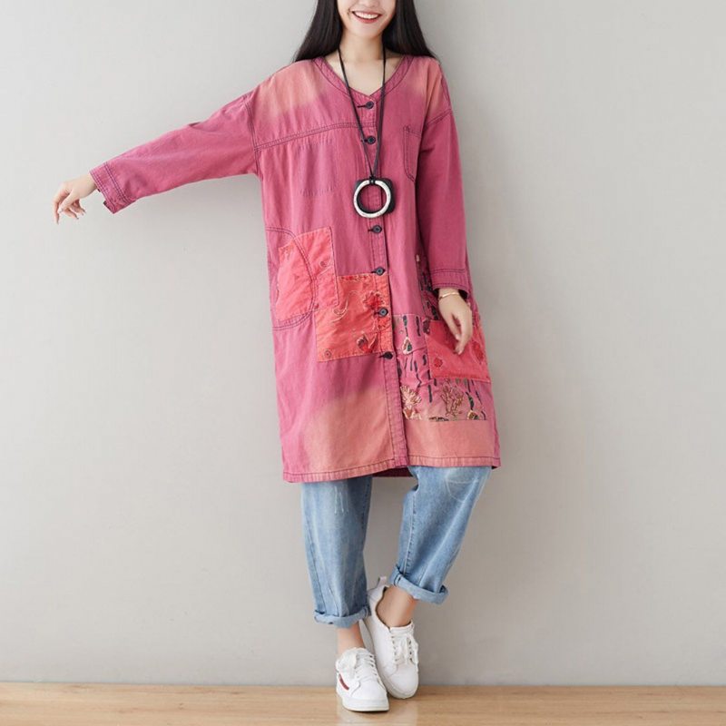 V-neck Loose Casual Patchwork Automne Mince Manteau