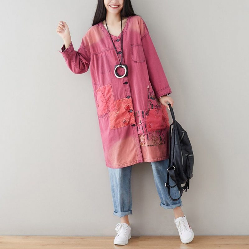 V-neck Loose Casual Patchwork Automne Mince Manteau