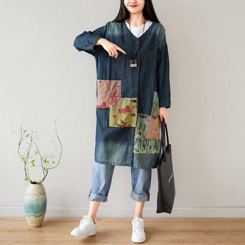 V-neck Loose Casual Patchwork Automne Mince Manteau