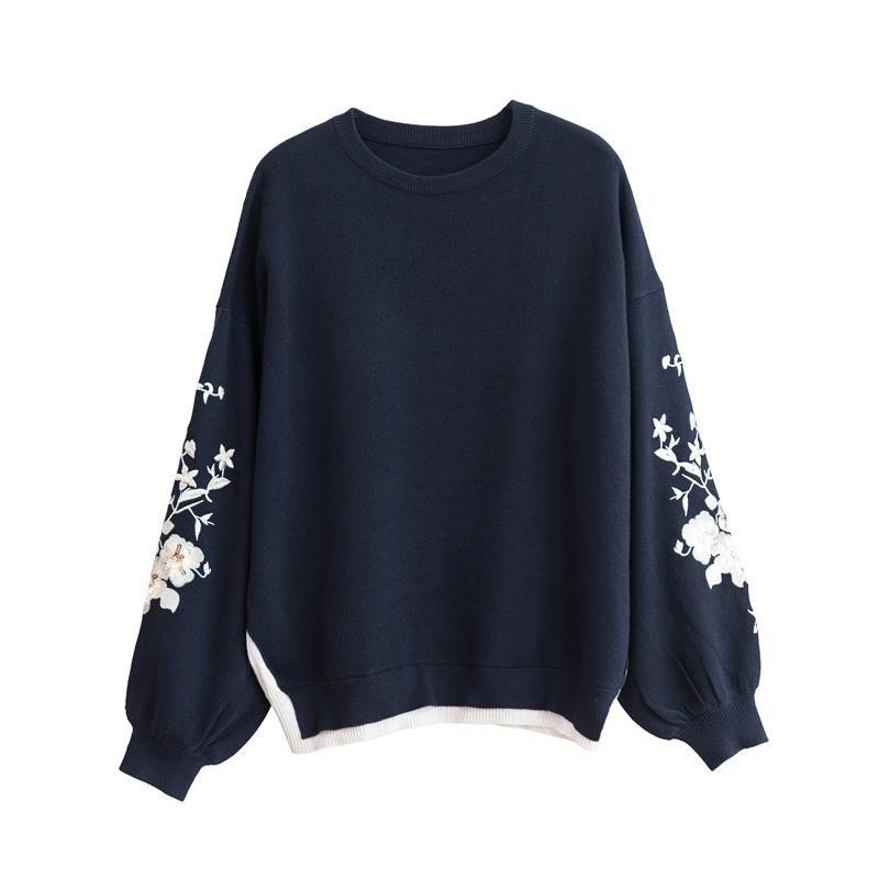 Automne Hiver Broderie Vintage Pull Femme Lâche