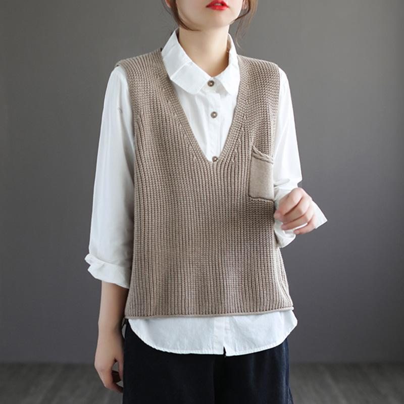 Gilet Pull En Tricot De Coton À Col En V Rétro