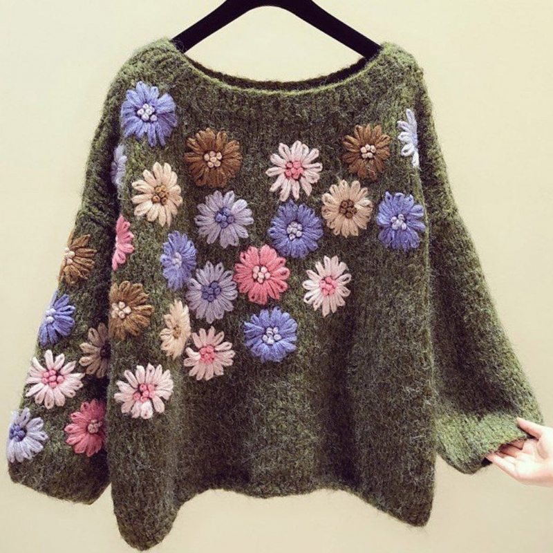 Pull Ample Brodé De Fleurs À La Main Automne Hiver