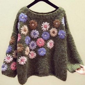 Pull Ample Brodé De Fleurs À La Main Automne Hiver