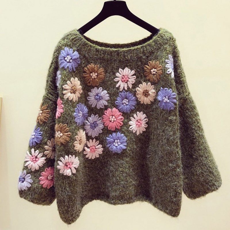 Pull Ample Brodé De Fleurs À La Main Automne Hiver