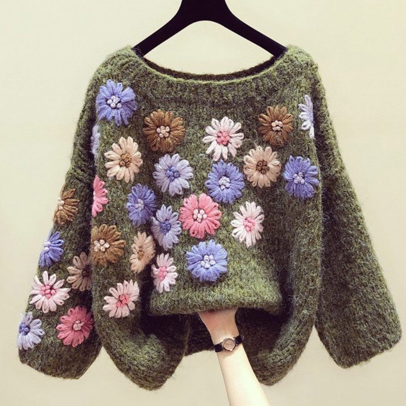 Pull Ample Brodé De Fleurs À La Main Automne Hiver