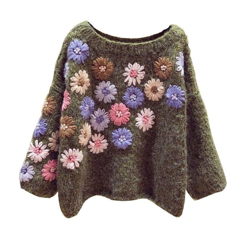 Pull Ample Brodé De Fleurs À La Main Automne Hiver