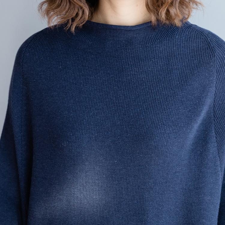 Pull Femme Automne Manches Chauve-souris Casual Coton Lâche - Bleu Foncé