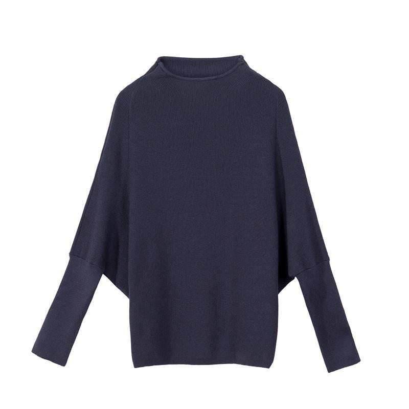 Pull Femme Automne Manches Chauve-souris Casual Coton Lâche - Bleu Foncé