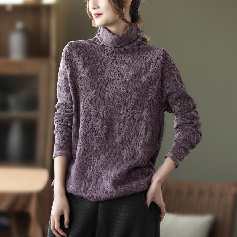 Pull En Tricot De Coton À Col Roulé Avec Broderie Florale De Printemps D'hiver