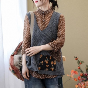 Spring Retro Patch Loose Knit Vest Sweater Vest