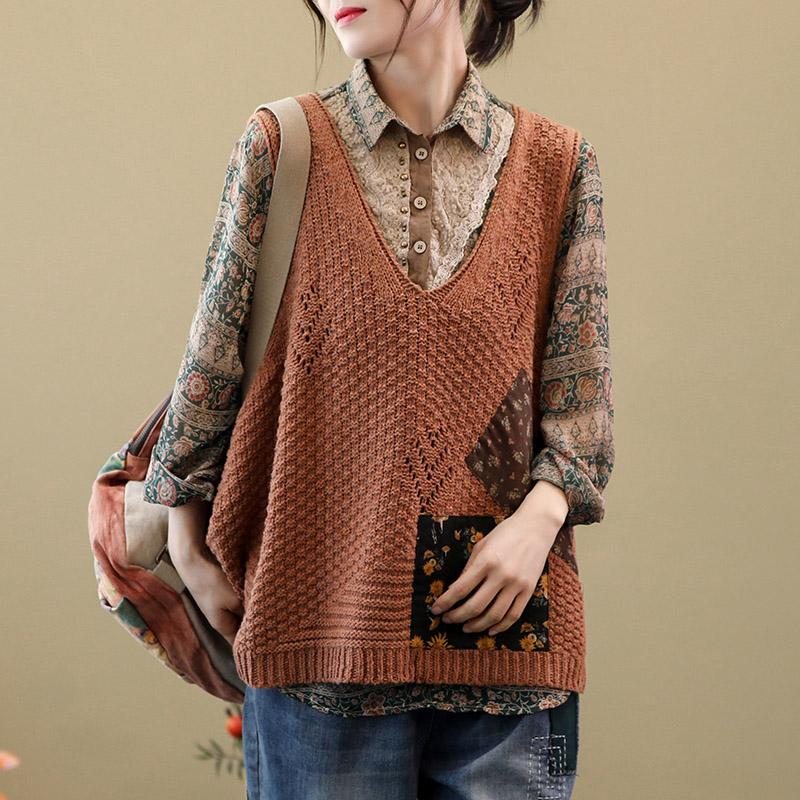 Spring Retro Patch Loose Knit Vest Sweater Vest