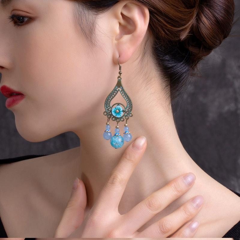 Boucles D'oreilles En Alliage Bleu Style Exotique Rétro