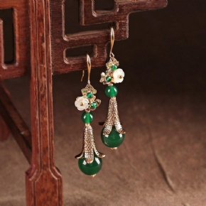 Boucles D'oreilles Femme Rétro Argent Vert Style Ethnique