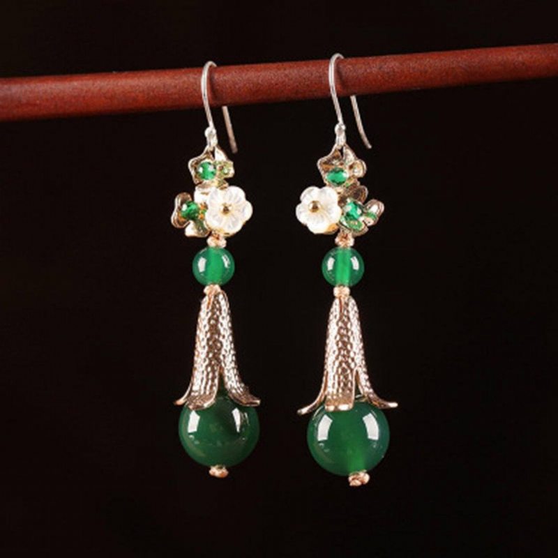 Boucles D'oreilles Femme Rétro Argent Vert Style Ethnique