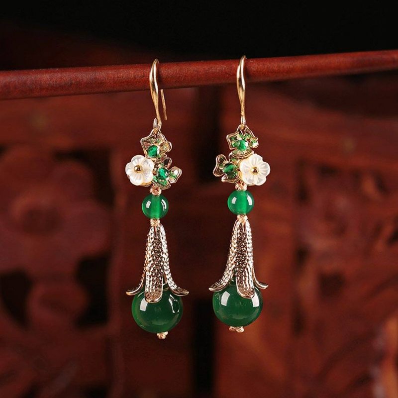 Boucles D'oreilles Femme Rétro Argent Vert Style Ethnique