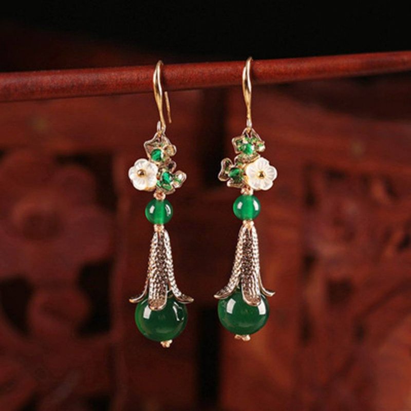 Boucles D'oreilles Femme Rétro Argent Vert Style Ethnique