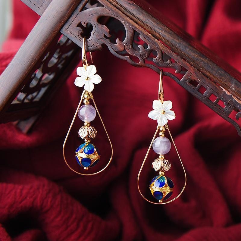 Boucles D'oreilles Femme Rétro Ethnique Cloisonné Coquillage