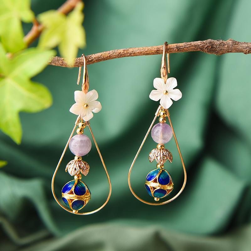 Boucles D'oreilles Femme Rétro Ethnique Cloisonné Coquillage