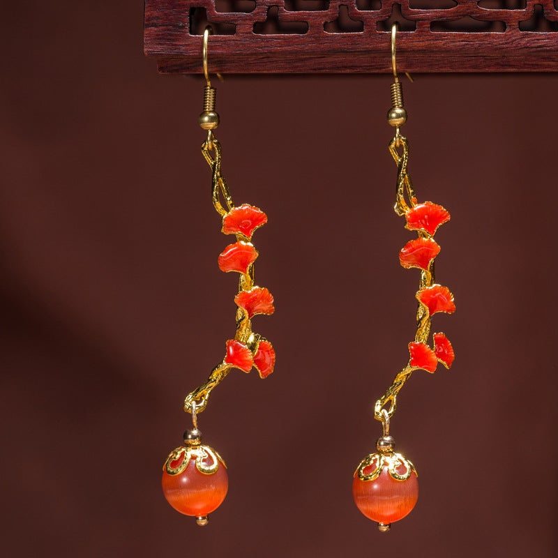 Boucles D'oreilles Feuille De Ginkgo Rouge De Style Palais Vintage