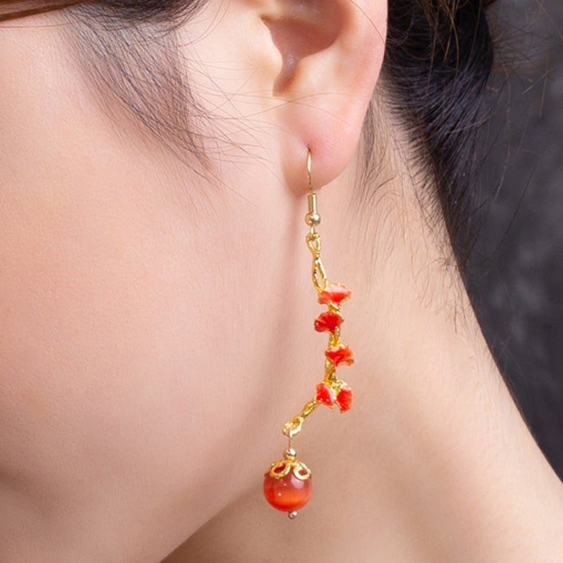 Boucles D'oreilles Feuille De Ginkgo Rouge De Style Palais Vintage