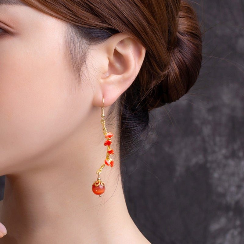 Boucles D'oreilles Feuille De Ginkgo Rouge De Style Palais Vintage