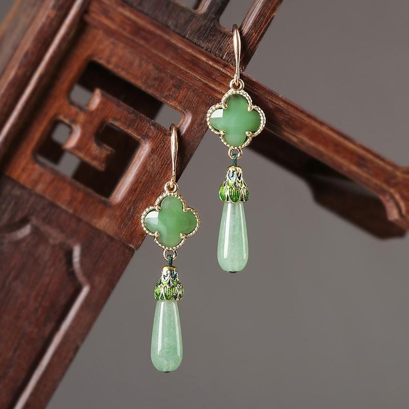 Boucles D'oreilles Jade Vintage Vert Argent