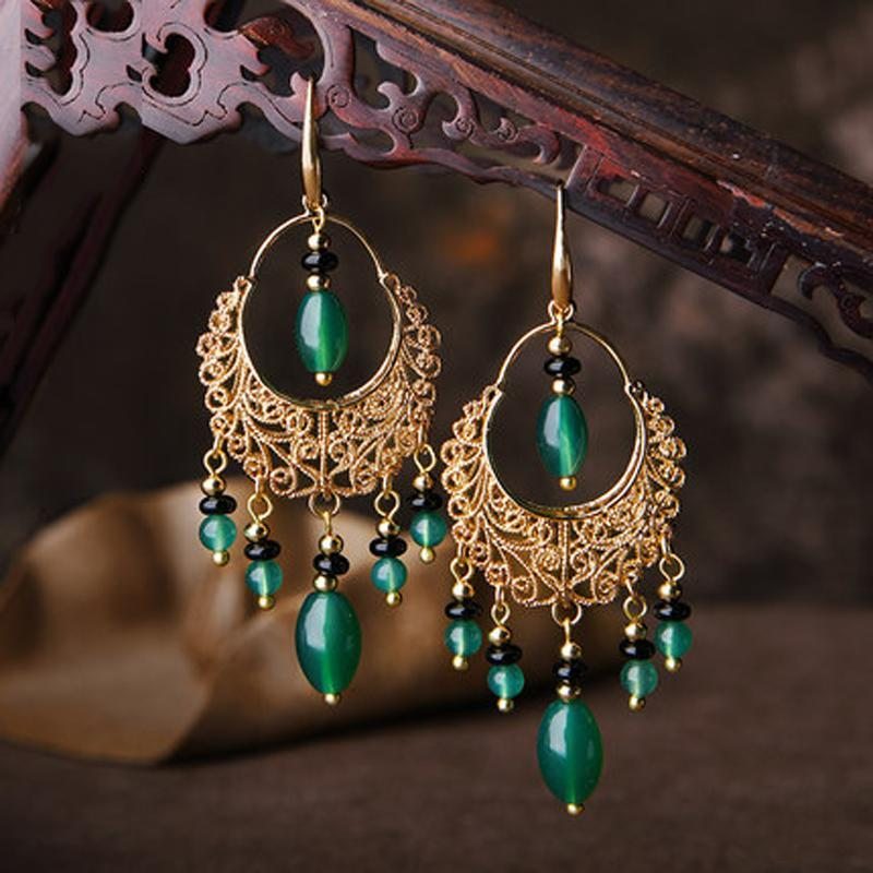 Boucles D'oreilles Longues En Agate Avec Glands De Style Chinois Pour Femmes