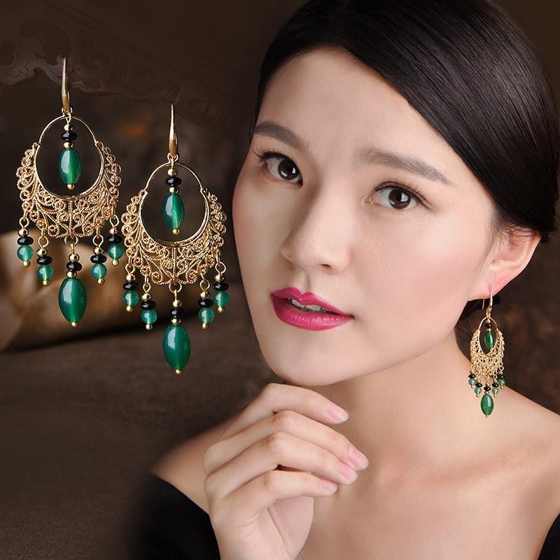 Boucles D'oreilles Longues En Agate Avec Glands De Style Chinois Pour Femmes