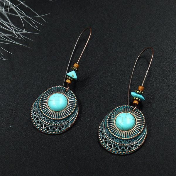 Boucles D'oreilles Longues Turquoises Rondes En Alliage Rétro